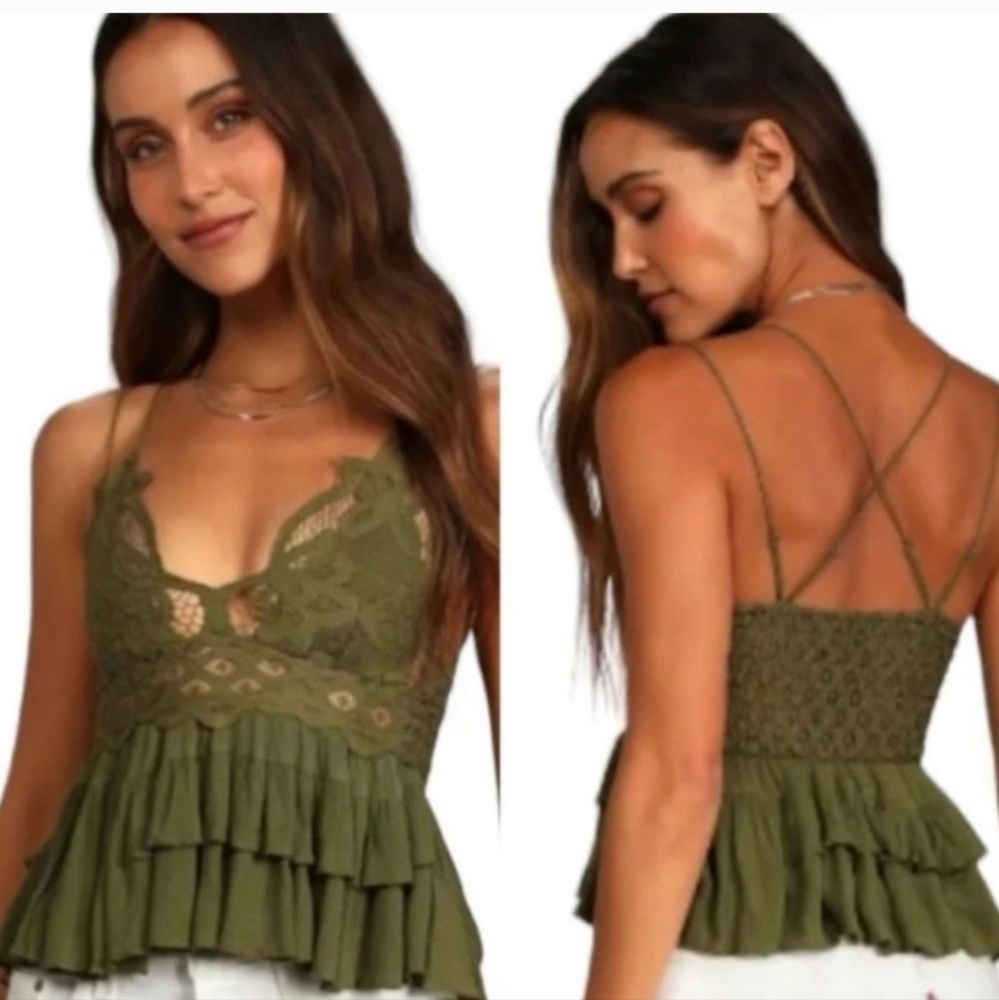 Free People Intimately Adella Olive Green Cami  with Elegant Lace Design